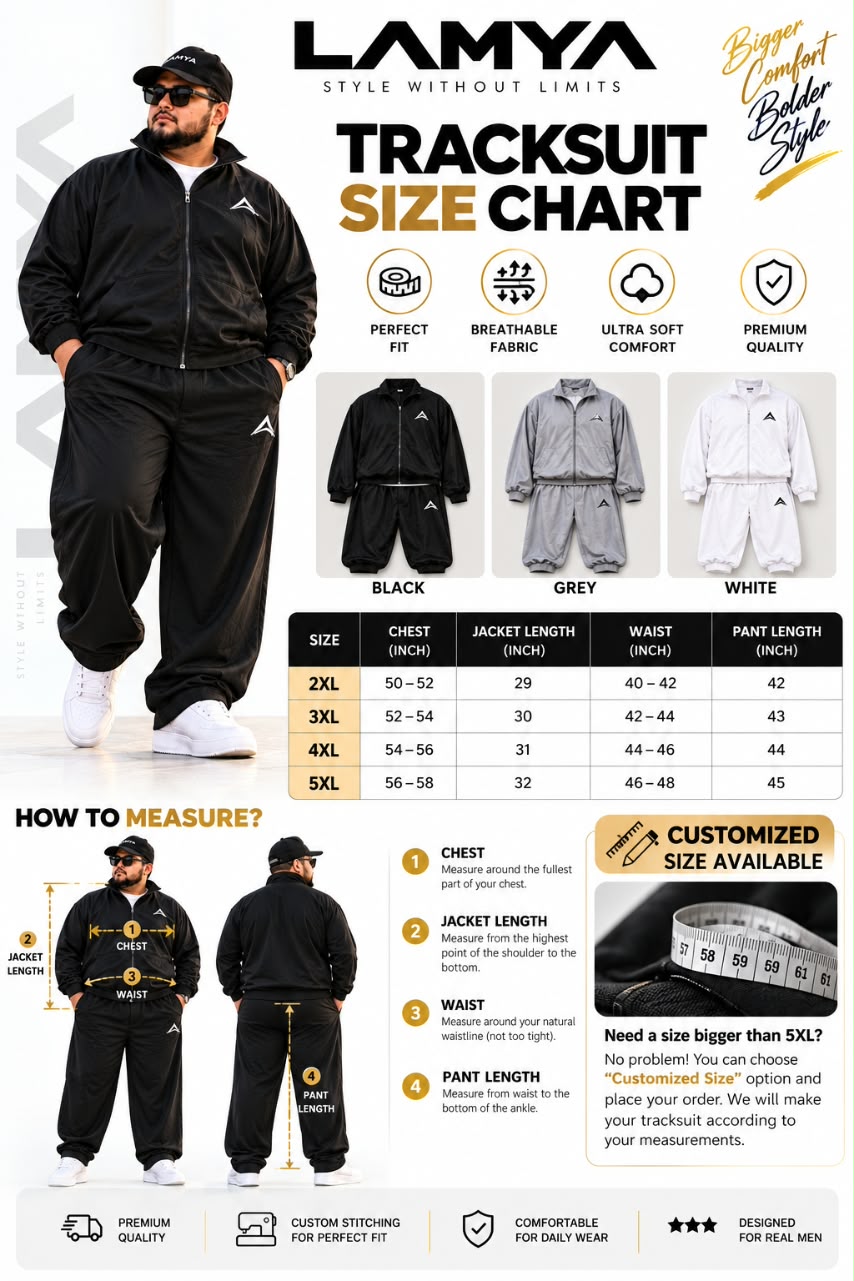 LAMYA Premium Oversized Tracksuit for Men | 2XL–5XL